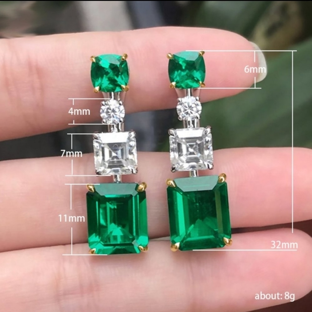 Emerald Cushion Cut Diamond Drop Earrings Statement Silver - Picture 4 of 5